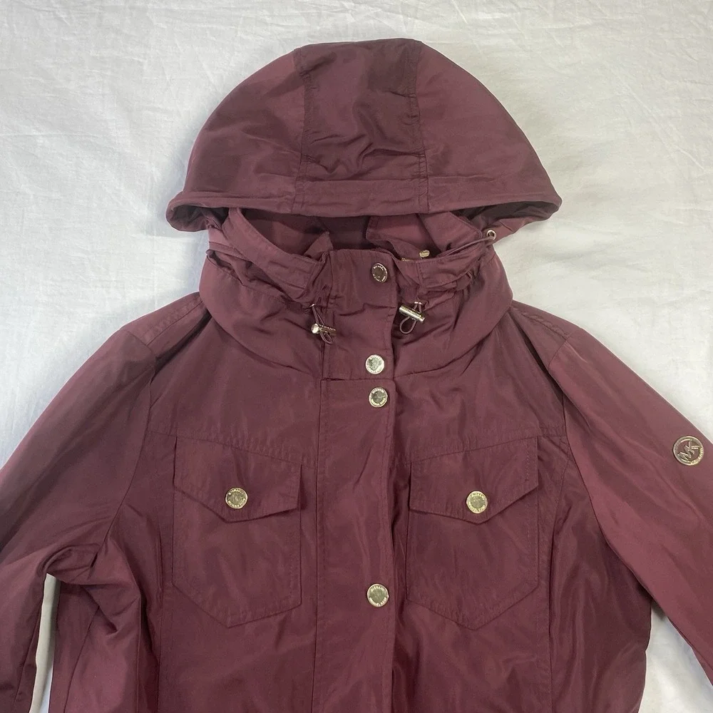 Michael Kors Women Burgundy Hooded Parka Full Zip Snap Jacket Size M